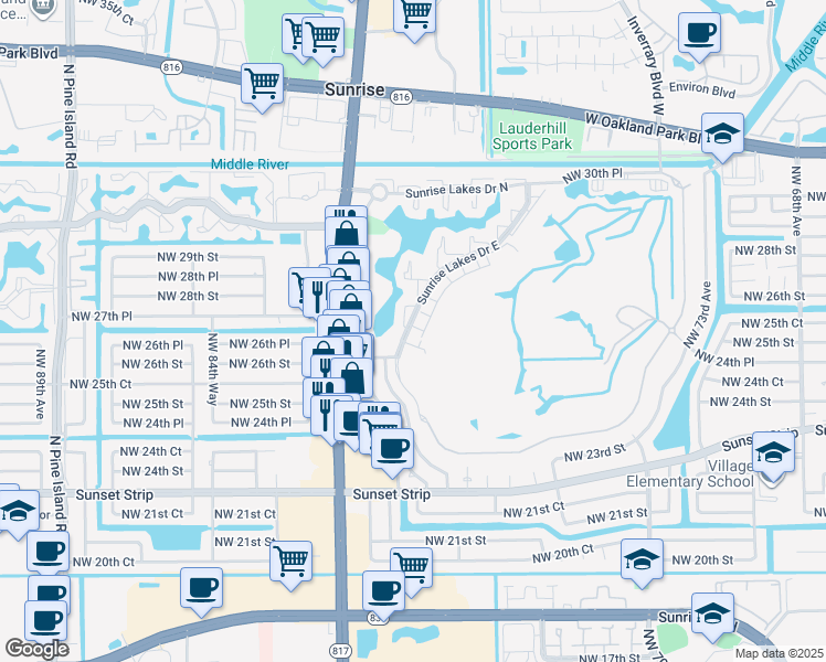 map of restaurants, bars, coffee shops, grocery stores, and more near 8040 Northwest 27th Court in Sunrise