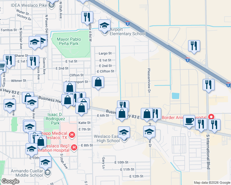 map of restaurants, bars, coffee shops, grocery stores, and more near Palo Blanco Street in Weslaco
