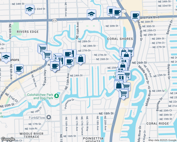 map of restaurants, bars, coffee shops, grocery stores, and more near 2415 Northeast 17th Terrace in Wilton Manors