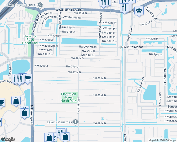map of restaurants, bars, coffee shops, grocery stores, and more near 11661 Northwest 27th Street in Plantation