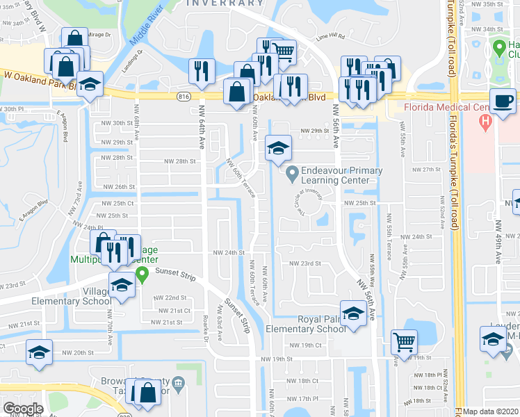map of restaurants, bars, coffee shops, grocery stores, and more near 5979 Northwest 25th Place in Sunrise