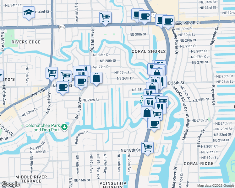 map of restaurants, bars, coffee shops, grocery stores, and more near 2424 Northeast 18th Avenue in Wilton Manors
