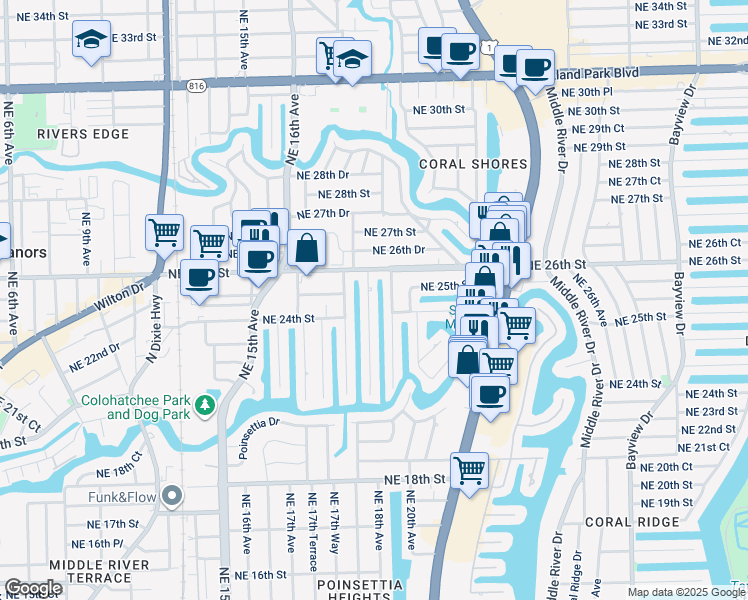 map of restaurants, bars, coffee shops, grocery stores, and more near 2424 Northeast 18th Avenue in Wilton Manors