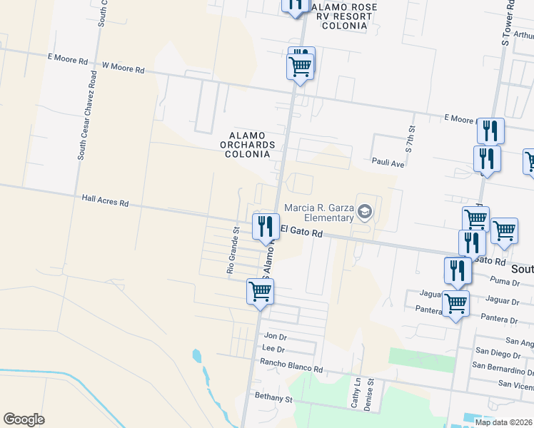 map of restaurants, bars, coffee shops, grocery stores, and more near 1106 Hall Acres Circle in Alamo