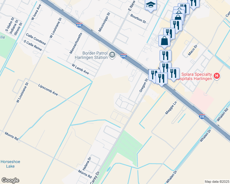 map of restaurants, bars, coffee shops, grocery stores, and more near Lamb Avenue in Harlingen