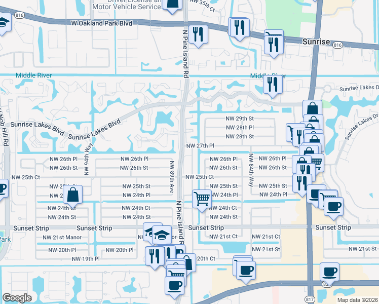 map of restaurants, bars, coffee shops, grocery stores, and more near 2670 North Pine Island Road in Sunrise