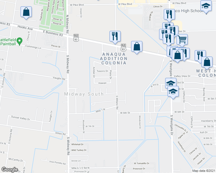 map of restaurants, bars, coffee shops, grocery stores, and more near 501 Bahama Street in Weslaco