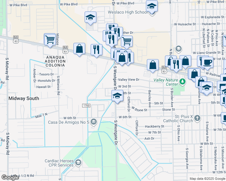 map of restaurants, bars, coffee shops, grocery stores, and more near 306 South Westgate Drive in Weslaco