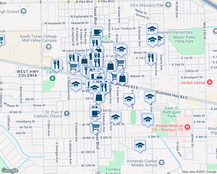 map of restaurants, bars, coffee shops, grocery stores, and more near 209 East Business 83 in Weslaco