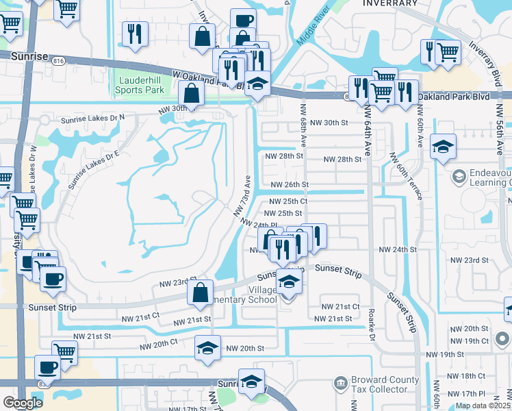 map of restaurants, bars, coffee shops, grocery stores, and more near 2511 Northwest 72nd Avenue in Sunrise