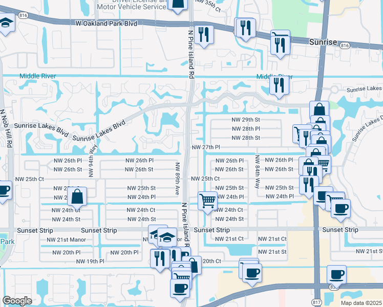map of restaurants, bars, coffee shops, grocery stores, and more near 2670 North Pine Island Road in Sunrise