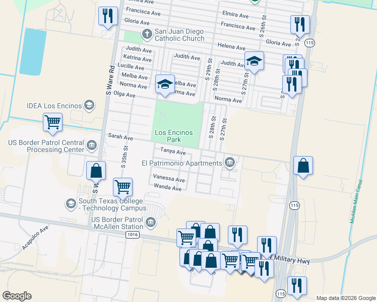 map of restaurants, bars, coffee shops, grocery stores, and more near 2908 Tanya Avenue in McAllen