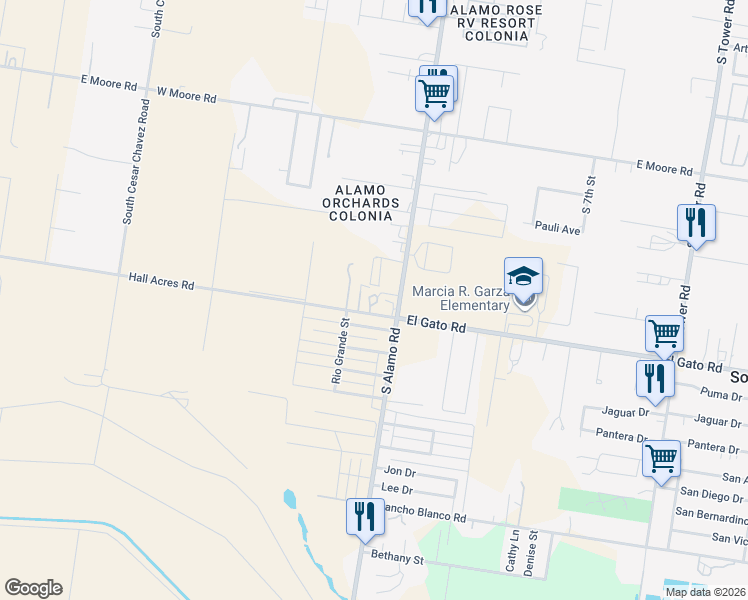map of restaurants, bars, coffee shops, grocery stores, and more near 1106 Hall Acres in Alamo