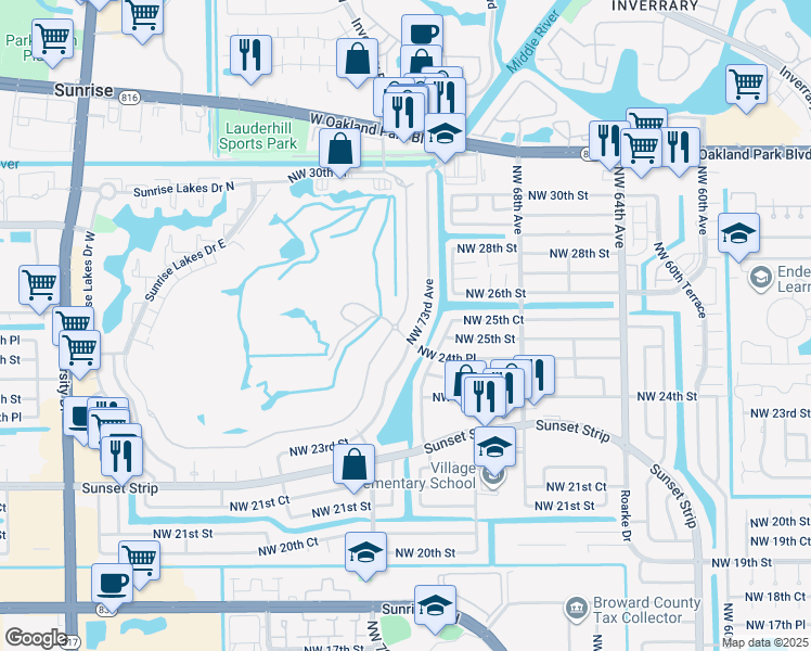 map of restaurants, bars, coffee shops, grocery stores, and more near 2500 East Aragon Boulevard in Sunrise