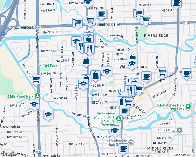 map of restaurants, bars, coffee shops, grocery stores, and more near 43 Northeast 25th Street in Wilton Manors