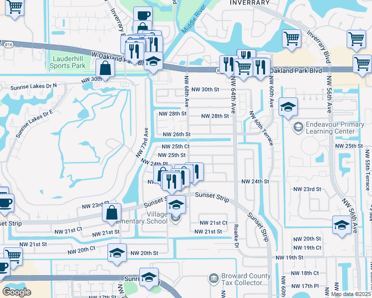 map of restaurants, bars, coffee shops, grocery stores, and more near 6800 Northwest 25th Court in Sunrise