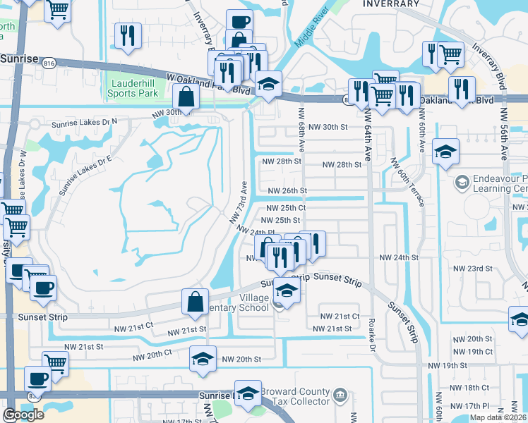 map of restaurants, bars, coffee shops, grocery stores, and more near 7160 Northwest 25th Court in Sunrise