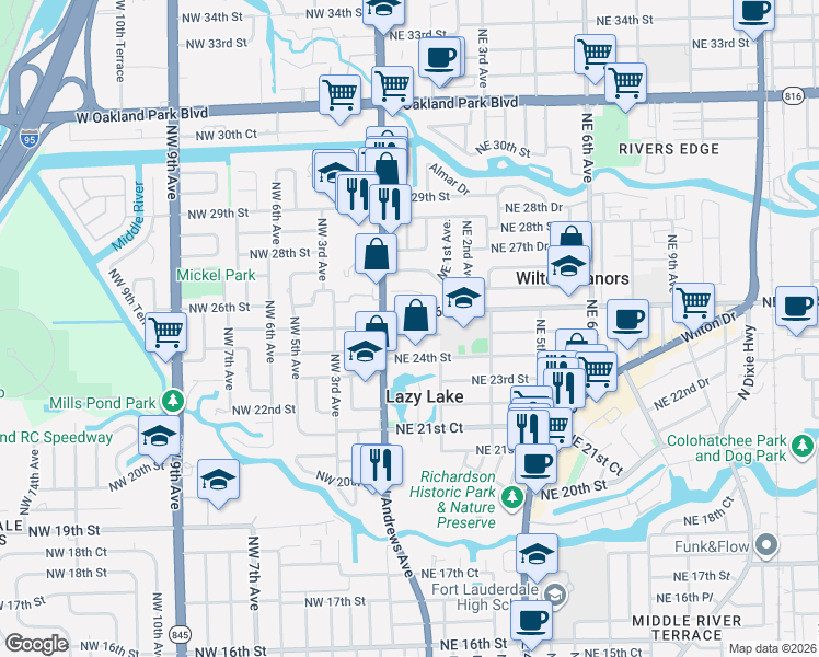 map of restaurants, bars, coffee shops, grocery stores, and more near 43 Northeast 25th Street in Wilton Manors