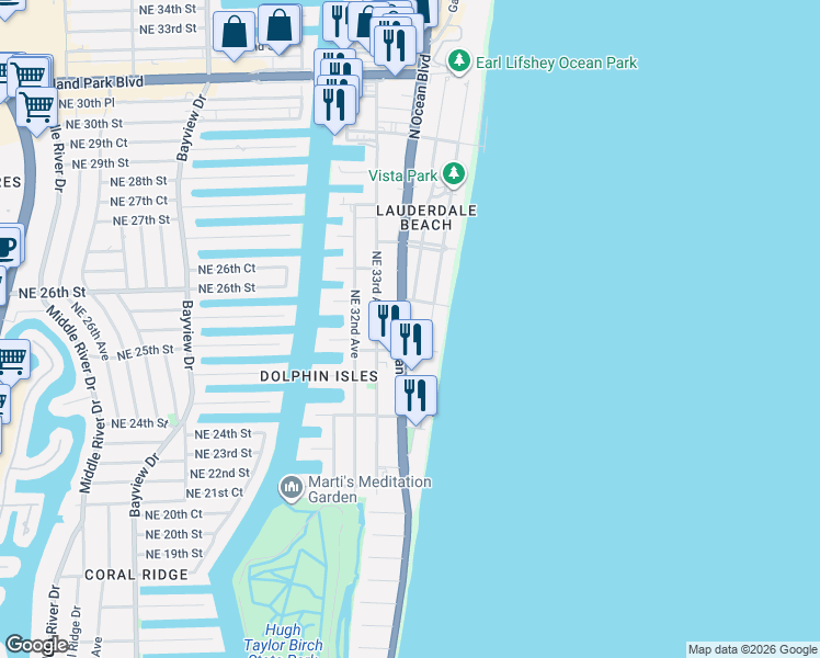 map of restaurants, bars, coffee shops, grocery stores, and more near 2313 North Ocean Boulevard in Fort Lauderdale