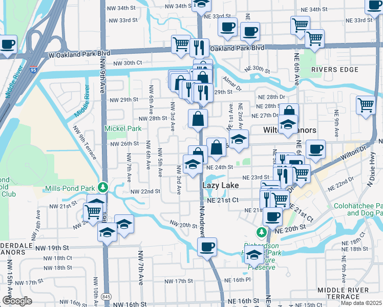 map of restaurants, bars, coffee shops, grocery stores, and more near 2425 North Andrews Avenue in Wilton Manors