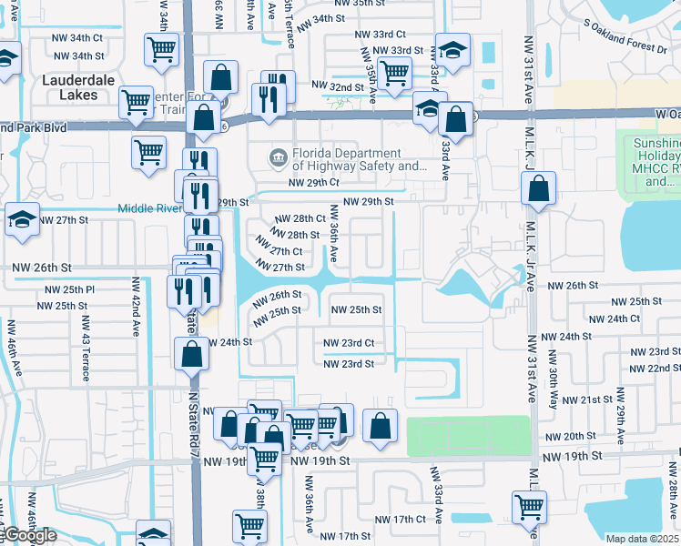 map of restaurants, bars, coffee shops, grocery stores, and more near 3588 Northwest 27th Street in Lauderdale Lakes