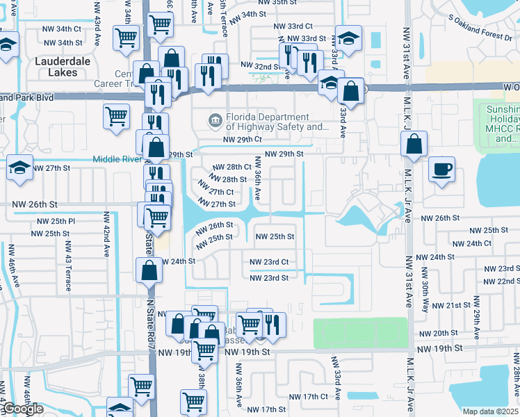 map of restaurants, bars, coffee shops, grocery stores, and more near 3588 Northwest 27th Street in Lauderdale Lakes