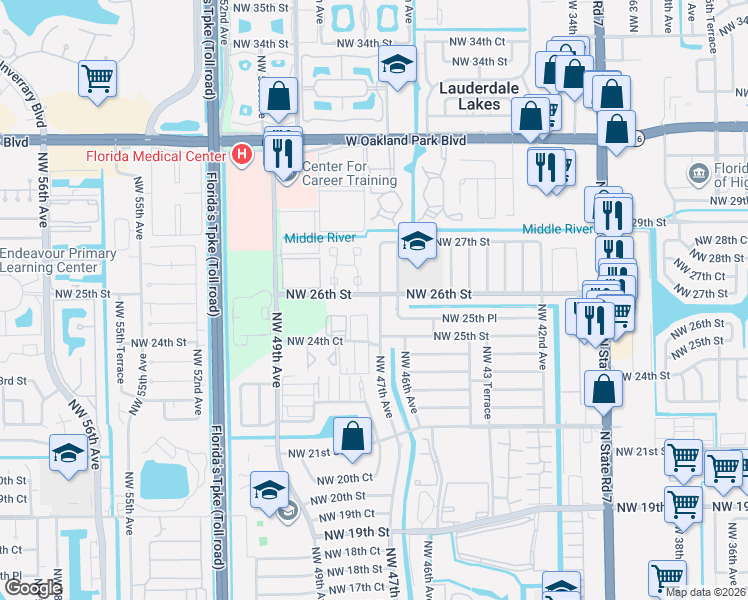 map of restaurants, bars, coffee shops, grocery stores, and more near 2570 Northwest 47th Avenue in Lauderhill