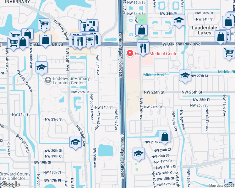 map of restaurants, bars, coffee shops, grocery stores, and more near 2506 Northwest 52nd Avenue in Lauderhill