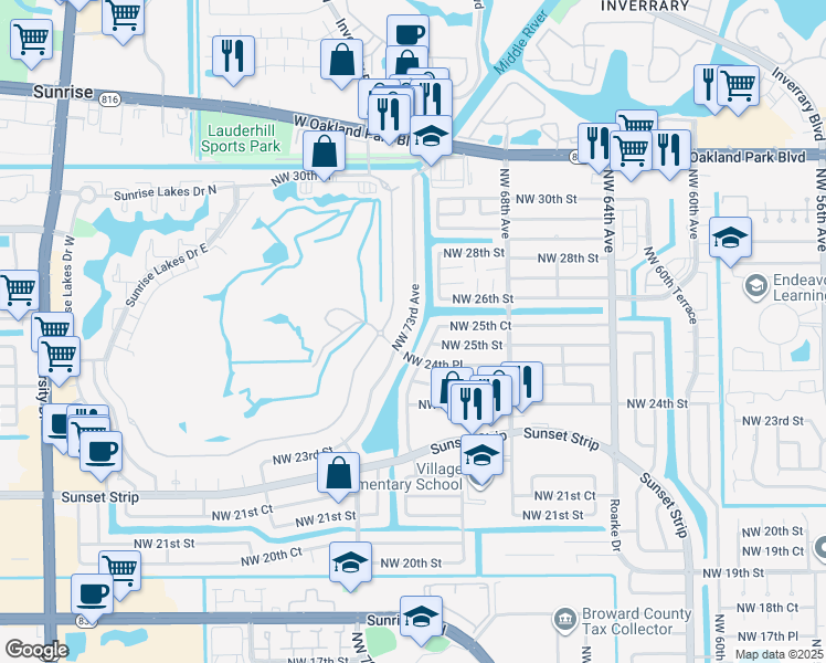 map of restaurants, bars, coffee shops, grocery stores, and more near 2511 Northwest 72nd Avenue in Sunrise