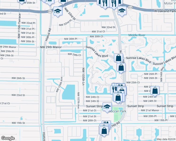 map of restaurants, bars, coffee shops, grocery stores, and more near 2607 Northwest 104th Avenue in Sunrise