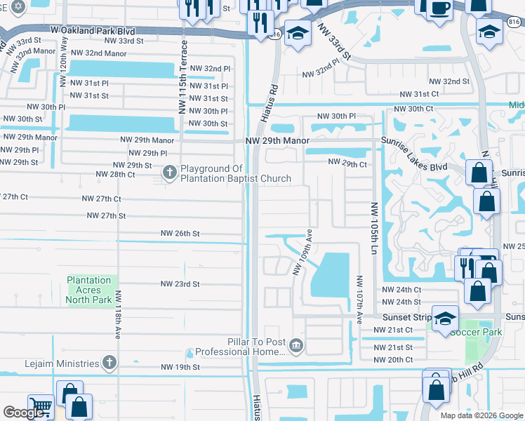 map of restaurants, bars, coffee shops, grocery stores, and more near 11115 Northwest 27th Street in Sunrise