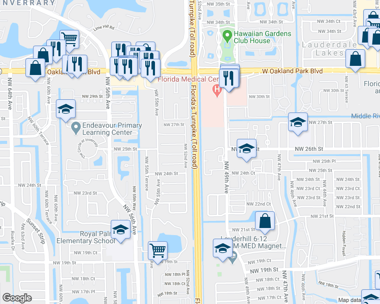 map of restaurants, bars, coffee shops, grocery stores, and more near 2506 Northwest 52nd Avenue in Lauderhill