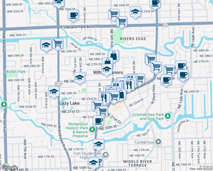 map of restaurants, bars, coffee shops, grocery stores, and more near 528 Northeast 25th Street in Wilton Manors