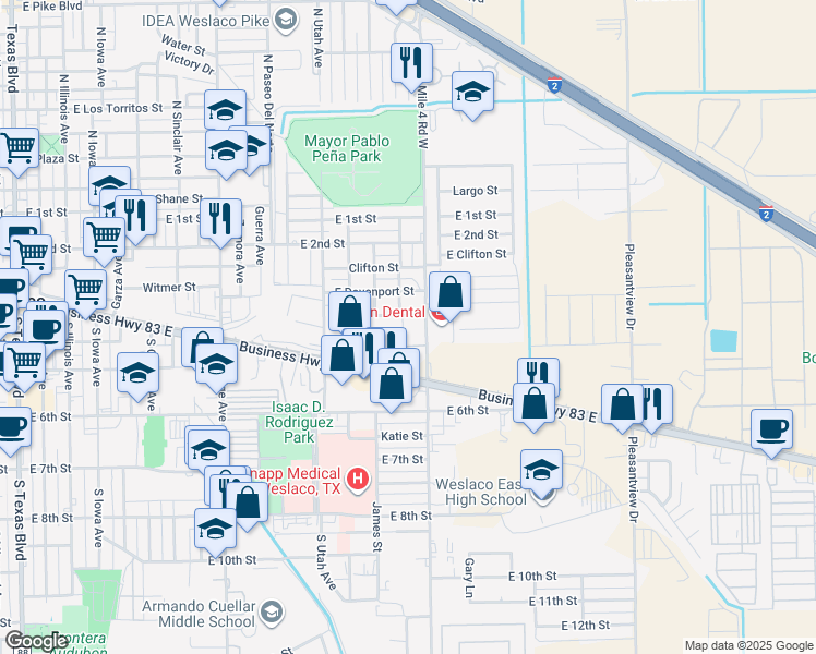 map of restaurants, bars, coffee shops, grocery stores, and more near 405 South Tio Avenue in Weslaco