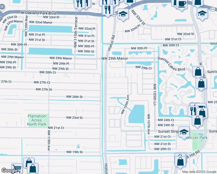 map of restaurants, bars, coffee shops, grocery stores, and more near 11115 Northwest 27th Street in Sunrise