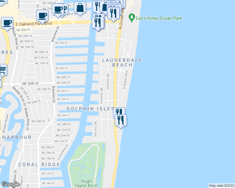 map of restaurants, bars, coffee shops, grocery stores, and more near 2313 North Ocean Boulevard in Fort Lauderdale