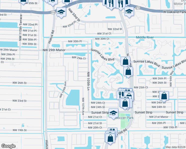 map of restaurants, bars, coffee shops, grocery stores, and more near 2607 Northwest 104th Avenue in Sunrise
