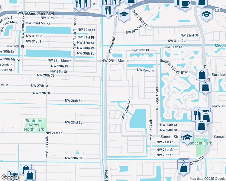 map of restaurants, bars, coffee shops, grocery stores, and more near 11115 Northwest 27th Street in Sunrise