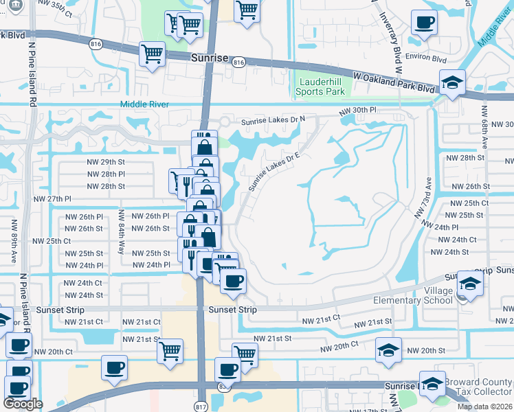 map of restaurants, bars, coffee shops, grocery stores, and more near 2742 Northwest 80th Avenue in Sunrise