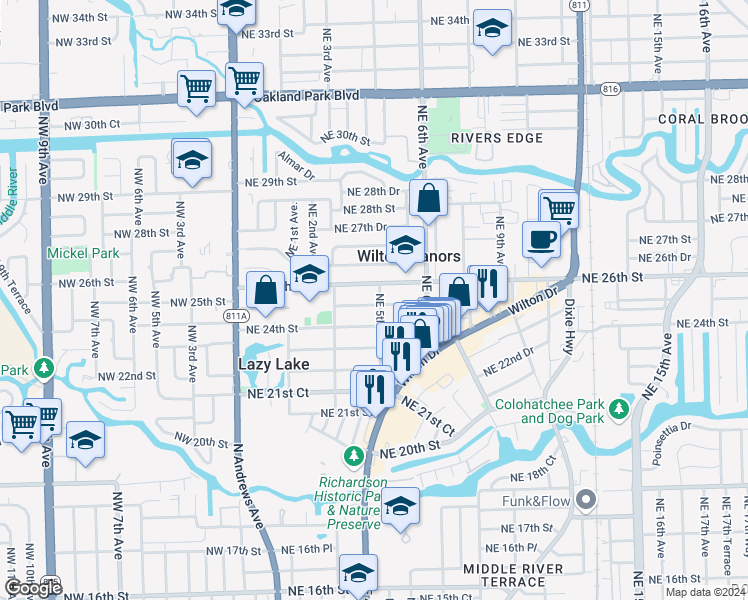 map of restaurants, bars, coffee shops, grocery stores, and more near 435 Northeast 25th Street in Wilton Manors