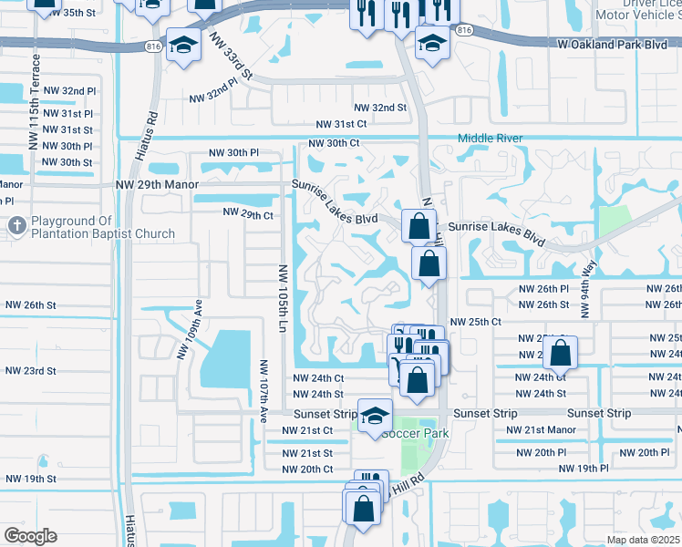 map of restaurants, bars, coffee shops, grocery stores, and more near 2638 Northwest 104th Avenue in Sunrise