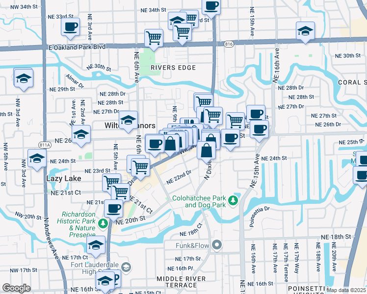map of restaurants, bars, coffee shops, grocery stores, and more near 2407 Wilton Drive in Fort Lauderdale