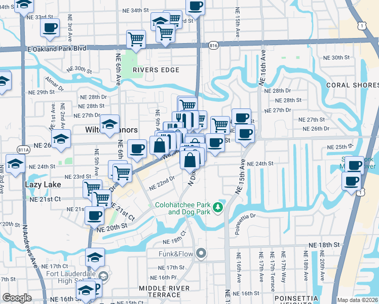 map of restaurants, bars, coffee shops, grocery stores, and more near 2408 Northeast 11th Avenue in Wilton Manors