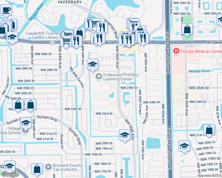 map of restaurants, bars, coffee shops, grocery stores, and more near The Circle at Inverrary in Lauderhill
