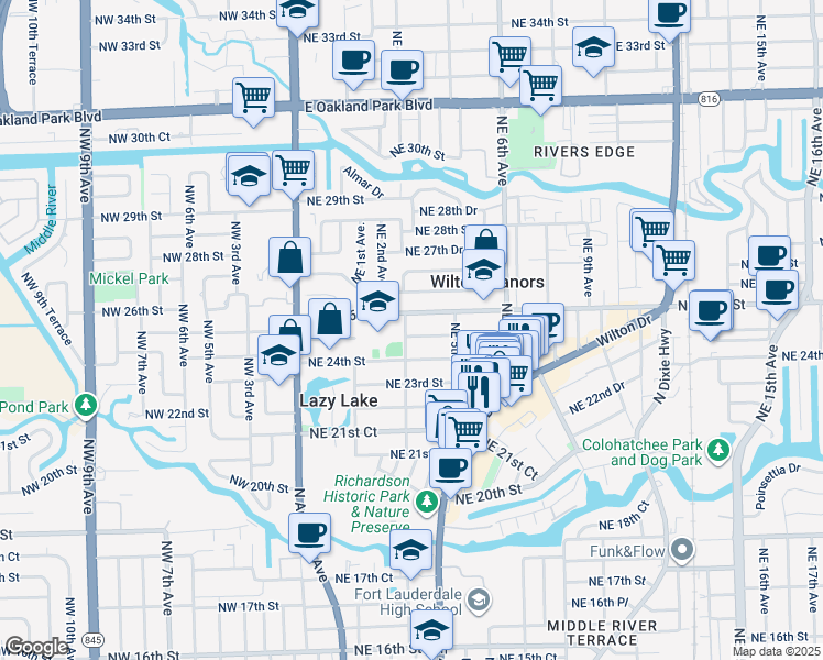 map of restaurants, bars, coffee shops, grocery stores, and more near 305 Northeast 25th Street in Wilton Manors