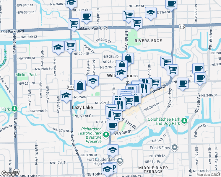 map of restaurants, bars, coffee shops, grocery stores, and more near 435 Northeast 25th Street in Wilton Manors
