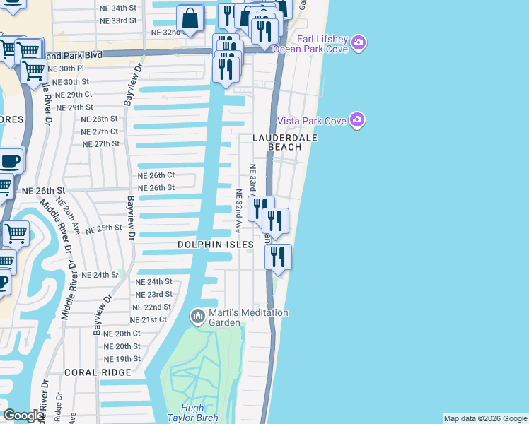 map of restaurants, bars, coffee shops, grocery stores, and more near 2313 North Ocean Boulevard in Fort Lauderdale