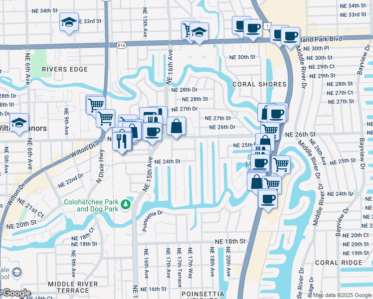 map of restaurants, bars, coffee shops, grocery stores, and more near 2415 Northeast 17th Terrace in Wilton Manors