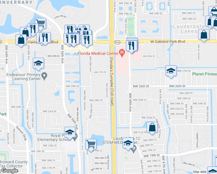 map of restaurants, bars, coffee shops, grocery stores, and more near 2506 Northwest 52nd Avenue in Lauderhill