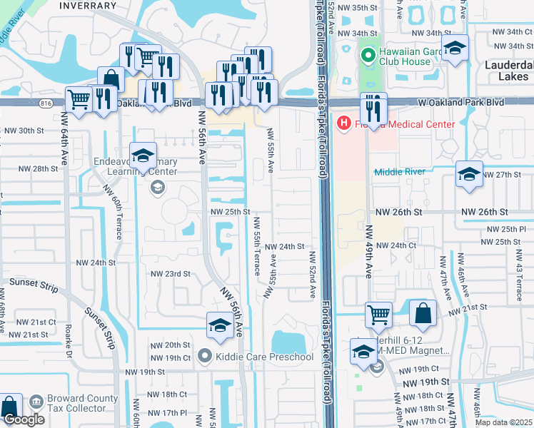 map of restaurants, bars, coffee shops, grocery stores, and more near 2461 Northwest 55th Avenue in Lauderhill